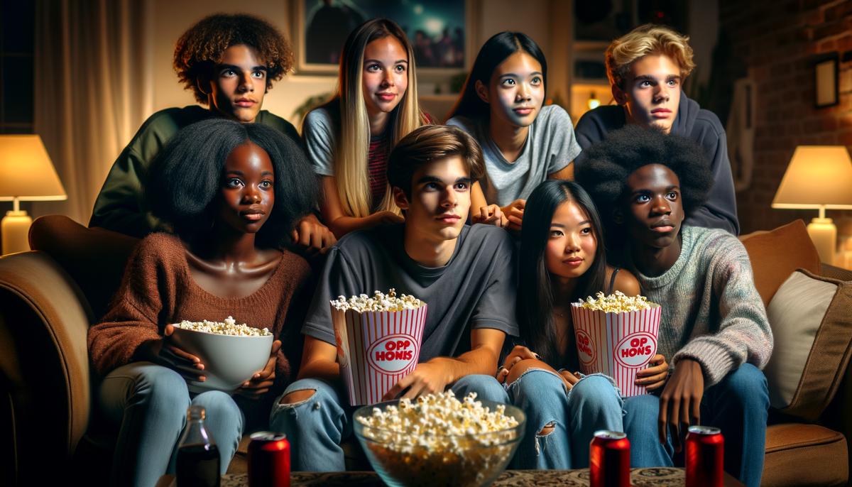 A group of friends sitting together watching a movie marathon for a 16th birthday celebration. Avoid using words, letters or labels in the image when possible.