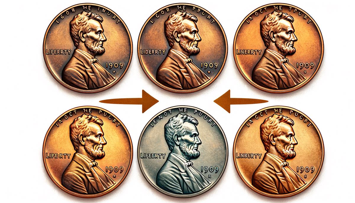 Illustration showing the four genuine mintmark positions on 1909-S VDB Lincoln cents