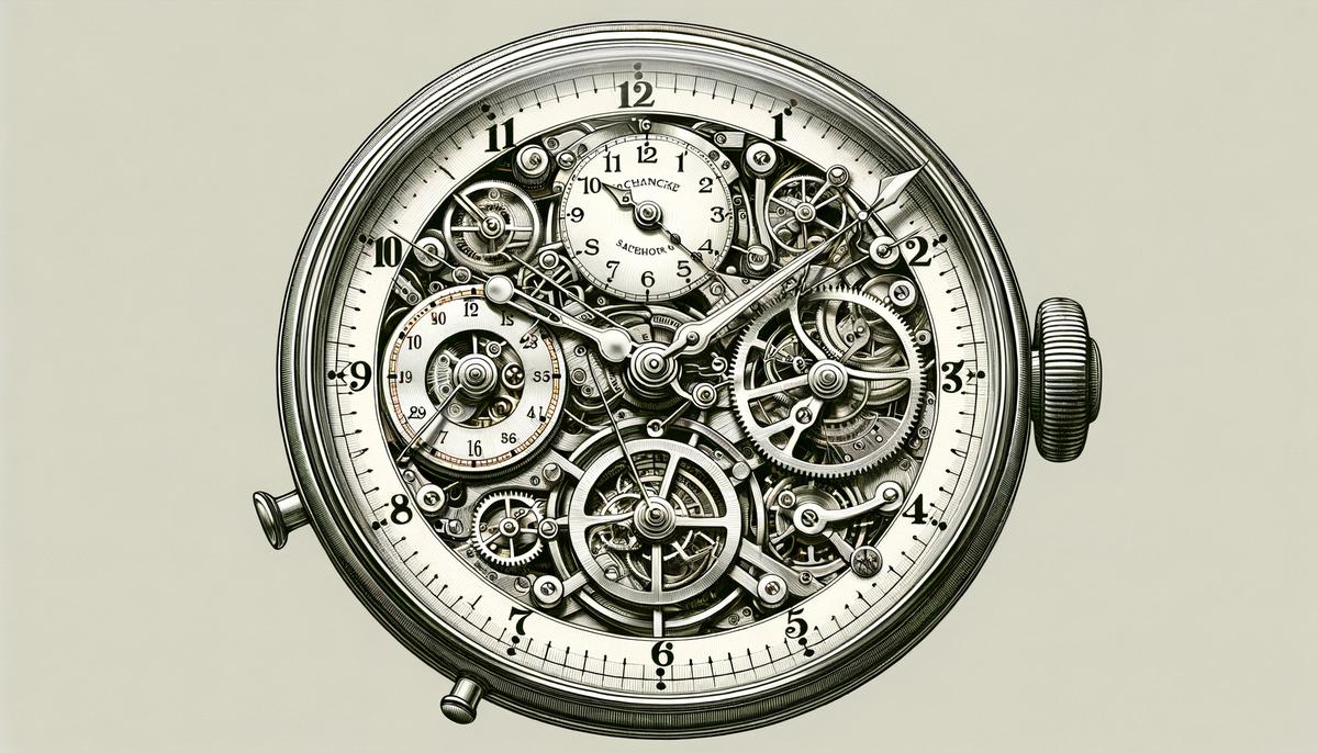 An image showing a detailed 24-hour mechanical watch, illustrating the steps for setting and adjusting it, with hands moving to display different times.. Avoid using words, letters or labels in the image when possible.