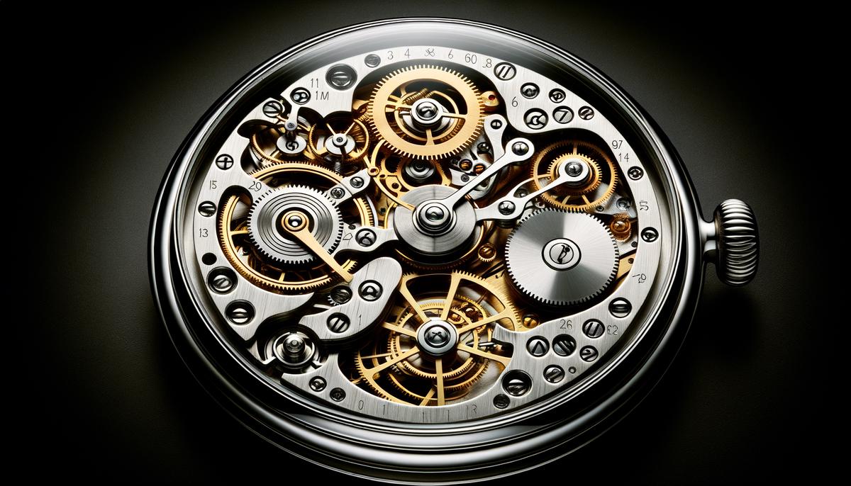 Image of a 24-hour watch mechanism inside a watch. Avoid using words, letters or labels in the image when possible.