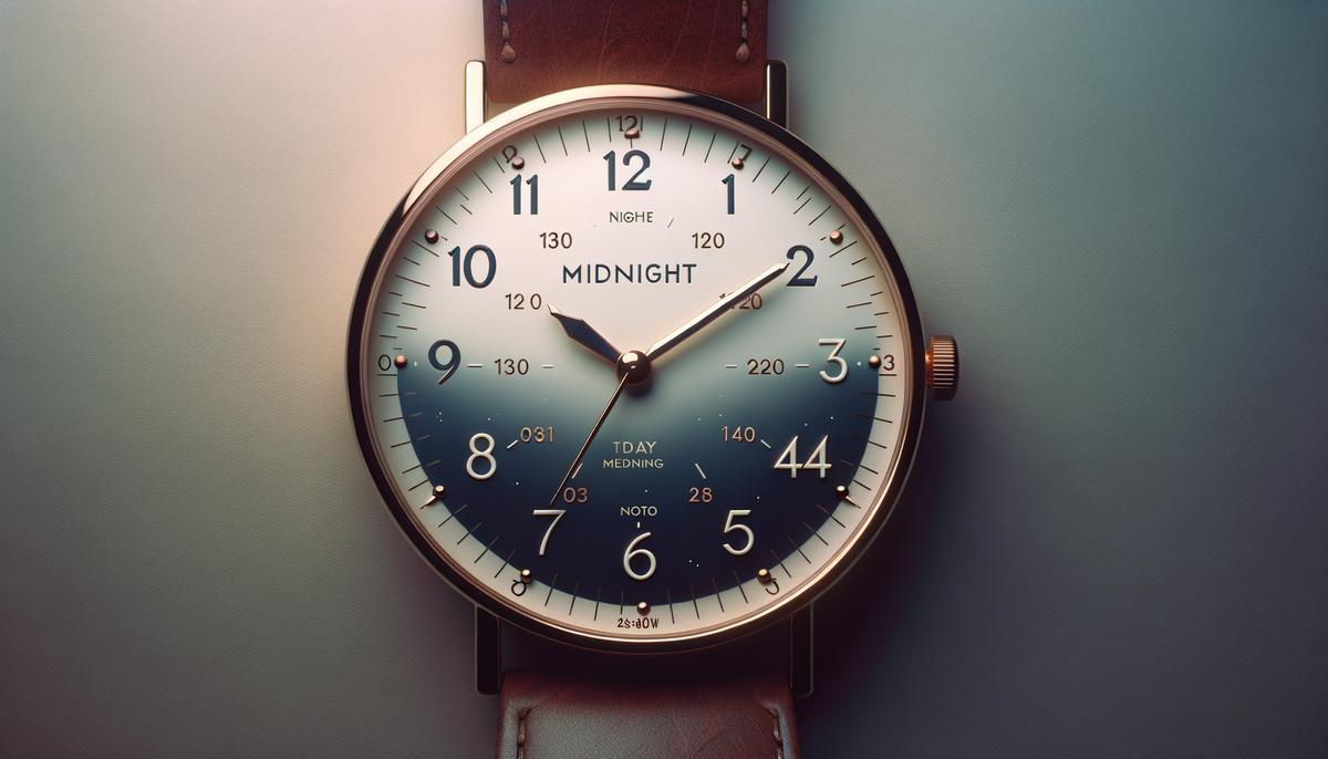 A 24-hour watch displaying midnight, marking the start of a new day. Avoid using words, letters or labels in the image when possible.