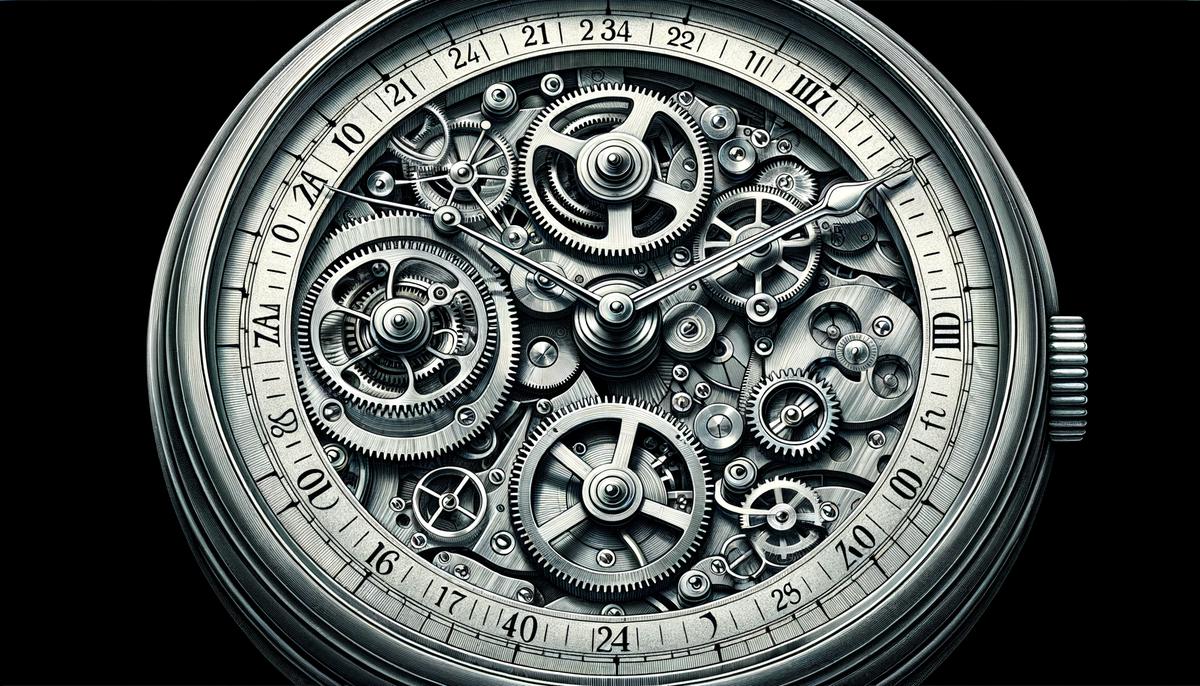 image of a detailed 24-hour watch mechanism. Avoid using words, letters or labels in the image when possible.