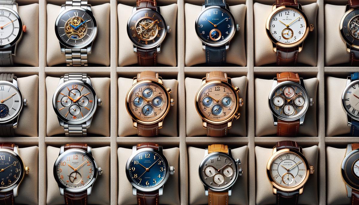 A variety of 24-hour watches displayed in an elegant setting. Avoid using words, letters or labels in the image when possible.