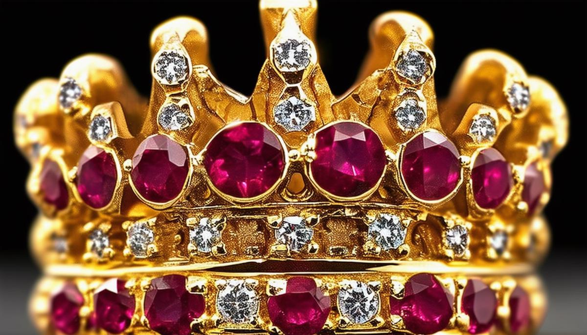 A close-up photo of 2Pac's iconic crown ring, showcasing the intricate gold, ruby, and diamond design.