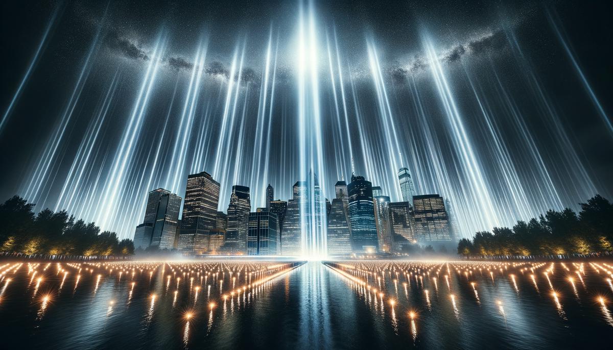 Tribute in Light memorial beams reaching towards the night sky