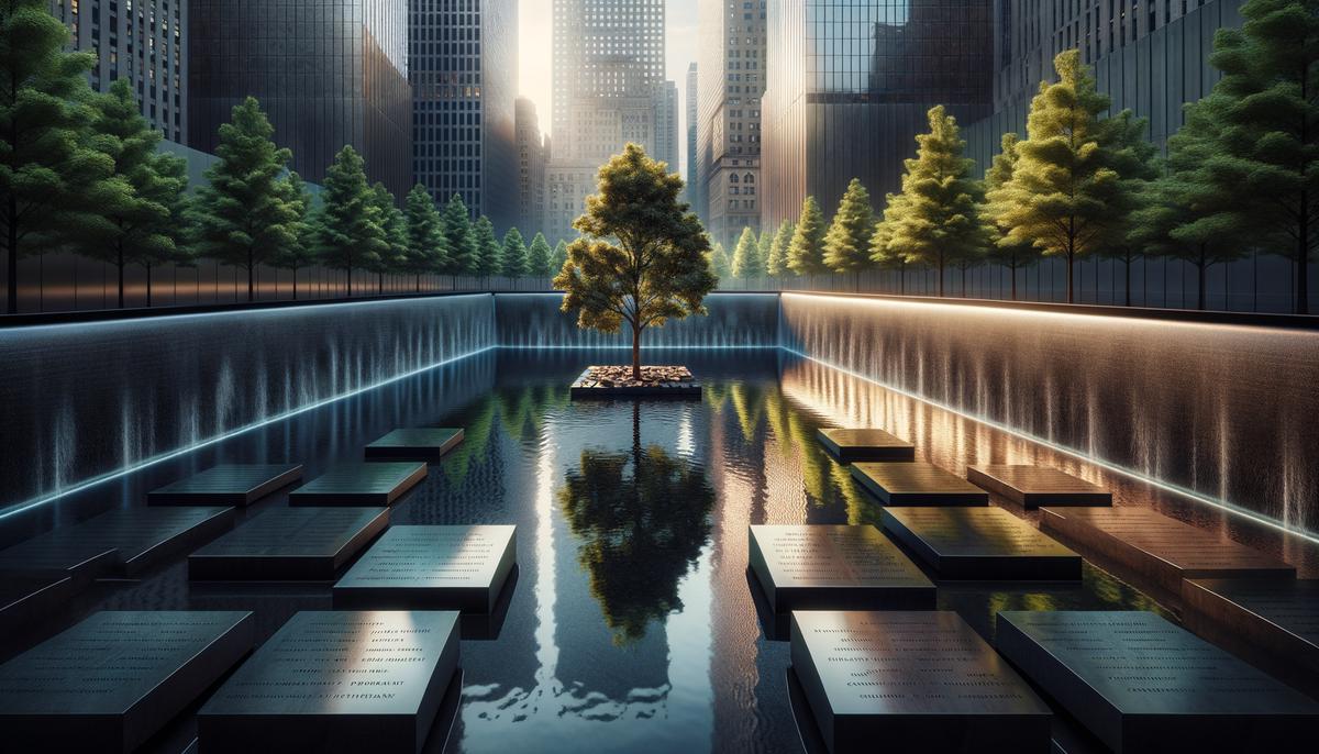 A serene reflection pool surrounded by bronze panels with names, a survivor tree, and stone monoliths, symbolizing loss, resilience, and hope