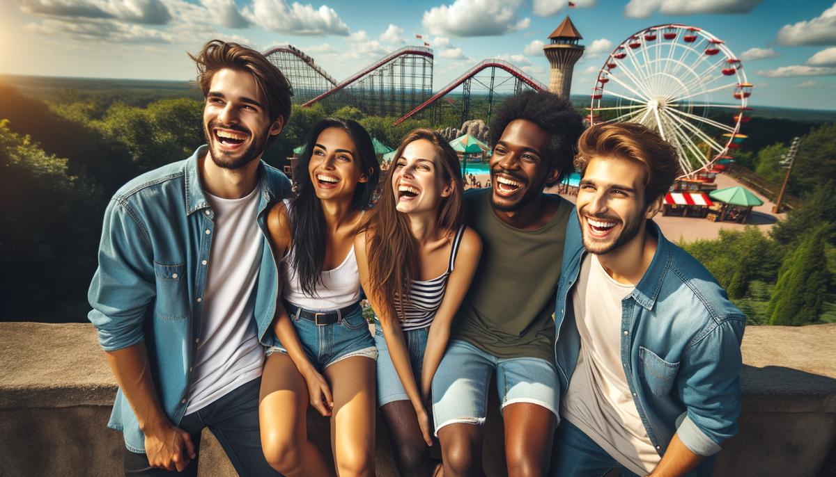 A group of friends smiling and laughing together at an adventure park. Avoid using words, letters or labels in the image when possible.