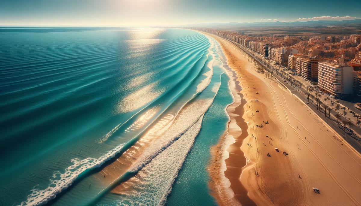 Image of Albufereta Beach, showing golden sand, crystal-clear waters, and a well-maintained promenade for visitors.