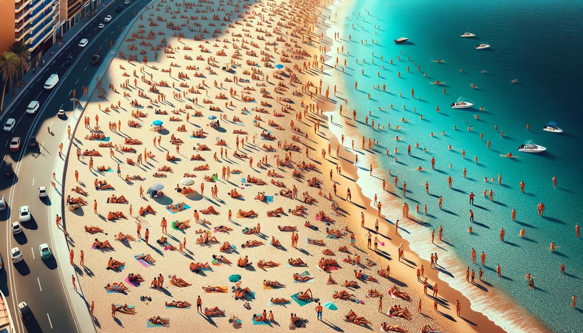 Beautiful image of Albufereta Beach in Alicante, showing the sand, clear waters, and people enjoying themselves on the beach