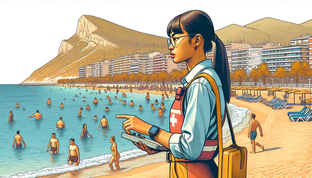 Image of a lifeguard on a beach in Alicante during autumn, ensuring swimmers are safe