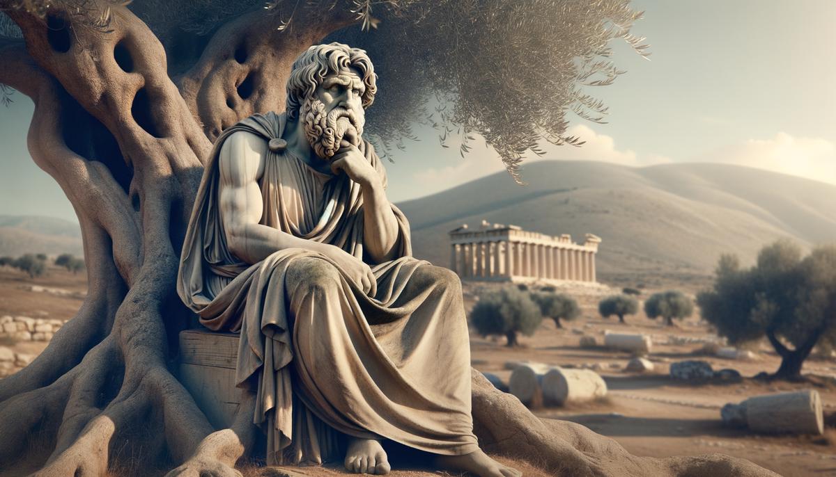 Aristotle sitting in ancient Greece, pondering philosophical questions