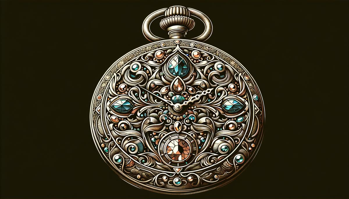 An intricate and ornate pocket watch design featuring elaborate art, gemstones, and engravings