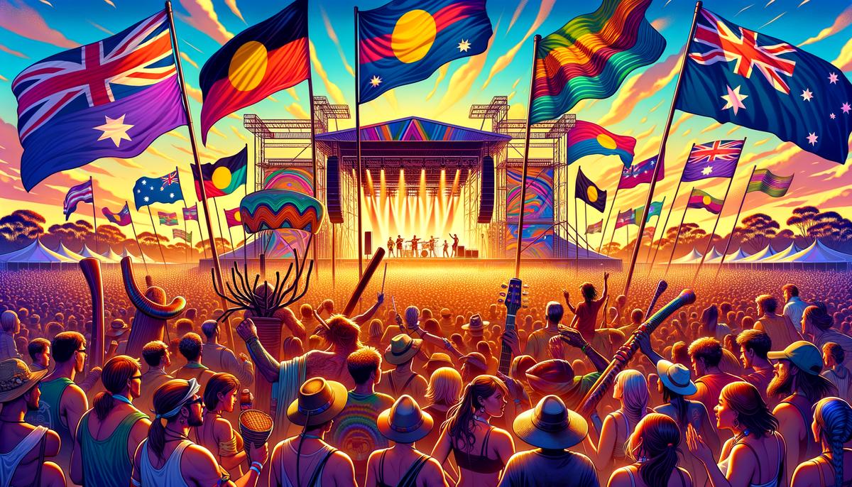 An image capturing the essence of an Australian music festival with vibrant colors, musical instruments, and a festive atmosphere