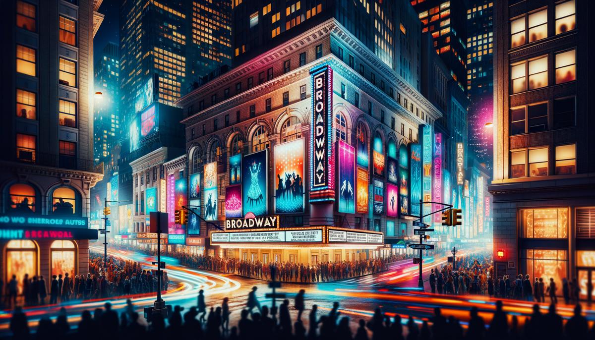 A vibrant and bustling Broadway theater district at night, with neon lights illuminating the street and crowds of people walking by