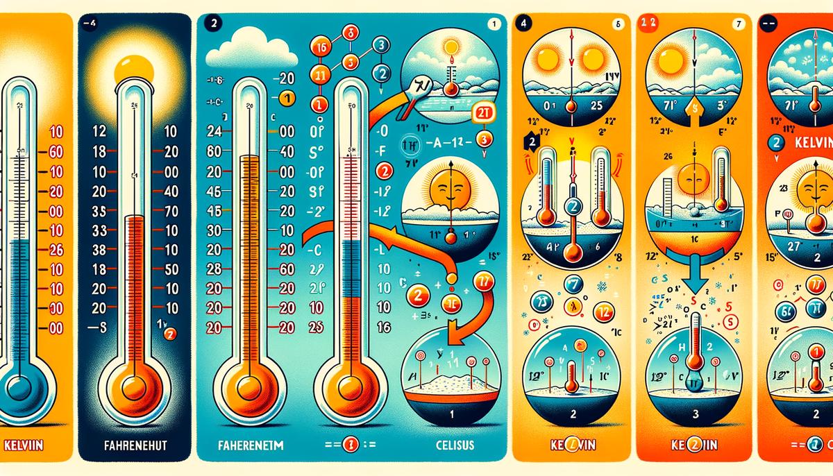 Illustration of steps to convert Fahrenheit to Kelvin. Avoid using words, letters or labels in the image when possible.