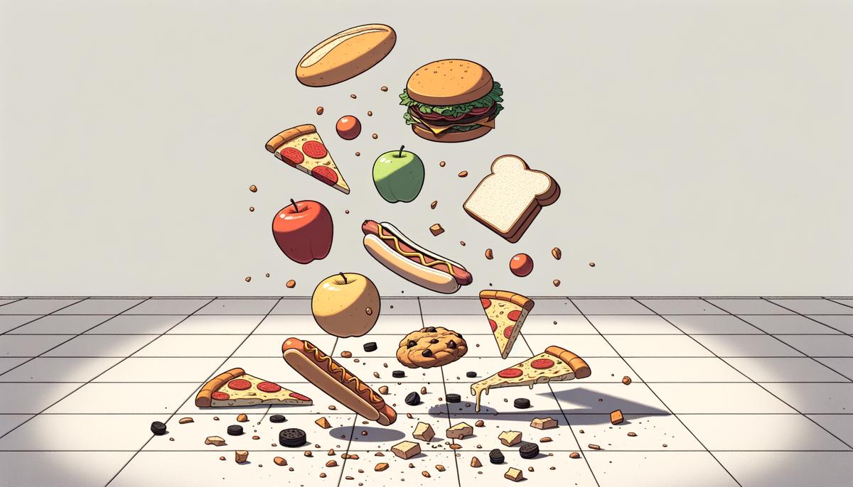 Image of various food items dropped on the floor within a five-second timeframe, showcasing the concept of the five-second rule for food safety