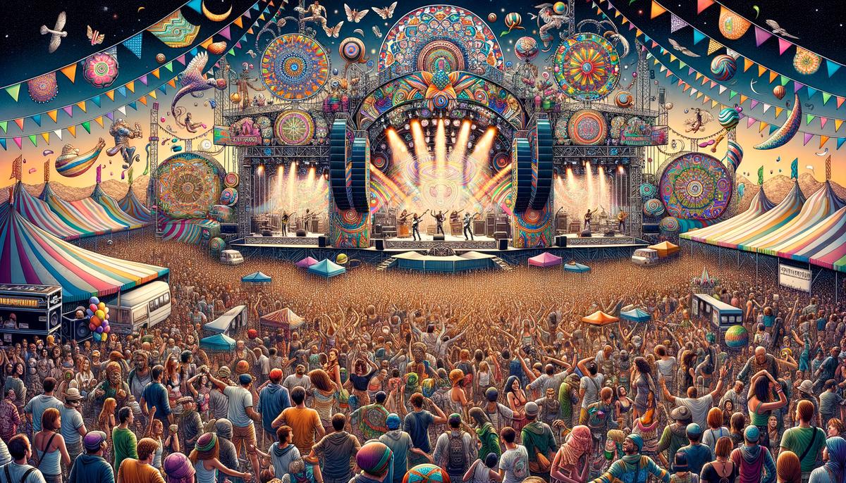 Image of a vibrant music festival with stages, people, and colorful decorations