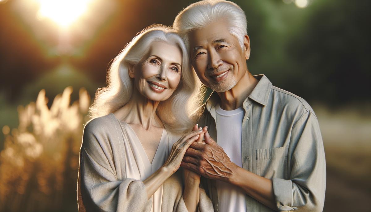 Image of a couple hand in hand, smiling brightly together, symbolizing fifty years of love and happiness. Avoid using words, letters or labels in the image when possible.