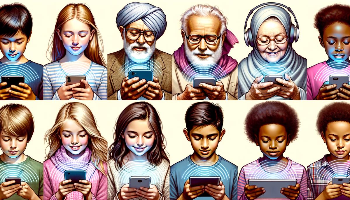 A diverse group of people from different backgrounds using smartphones and tablets, symbolizing connectivity and bridging the digital divide