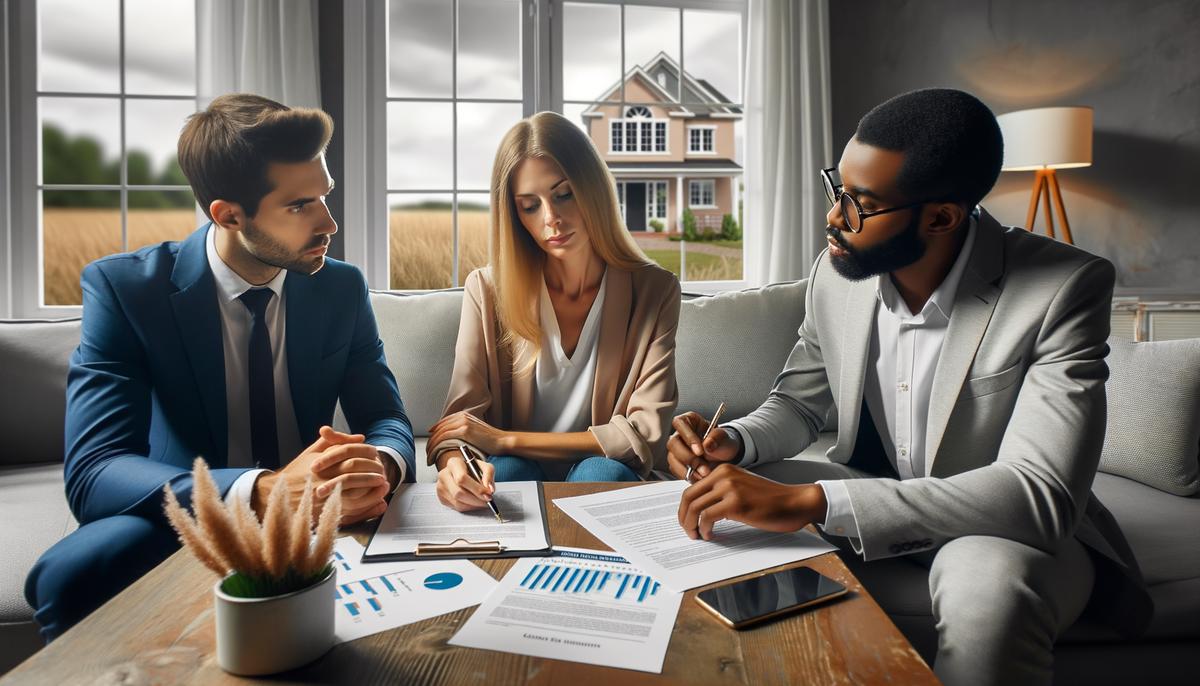 A realistic image showing a homeowner discussing with a real estate agent and a financial advisor about the process of exiting a Home Equity Agreement (HEA)