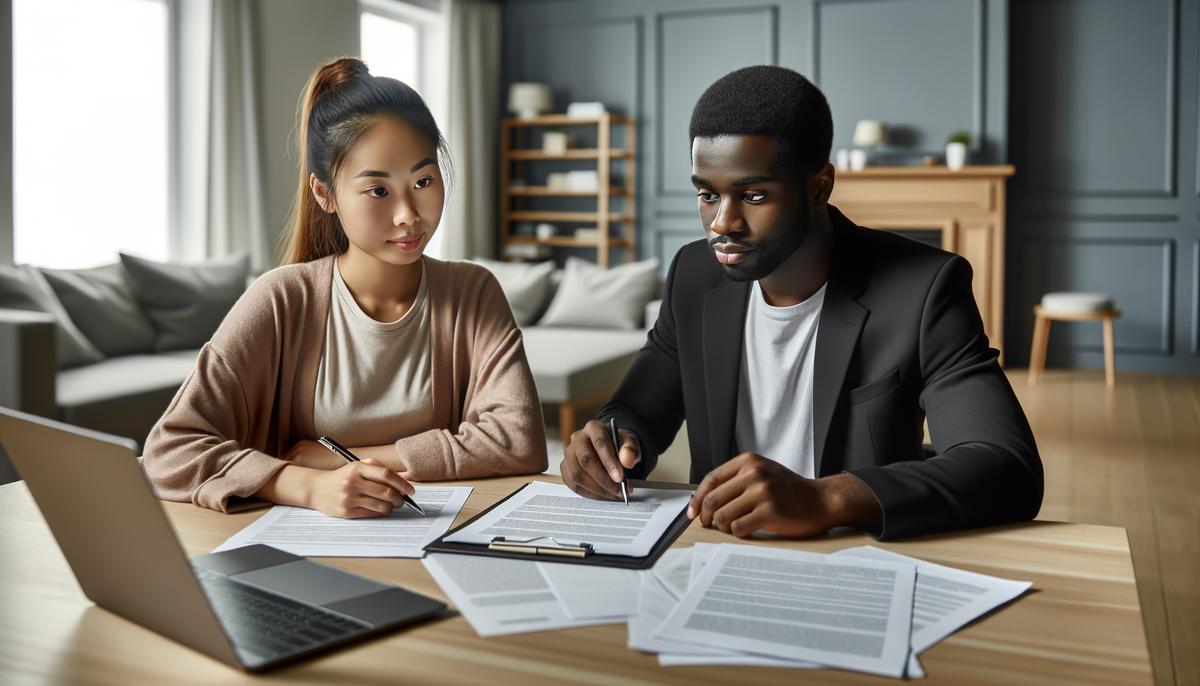 A realistic image showing a homeowner discussing terms with a representative, looking at paperwork and a laptop, with a home equity agreement contract on the table