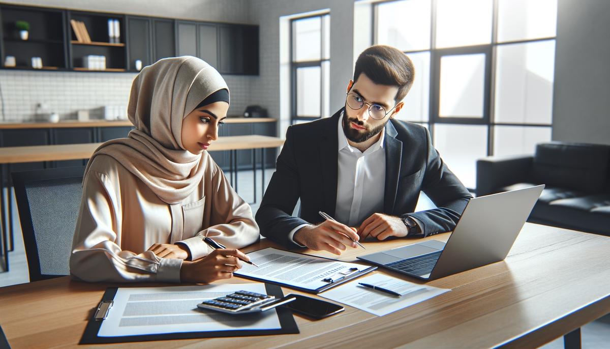 A realistic image of a homeowner and an investment company representative discussing and signing a Home Equity Agreement contract