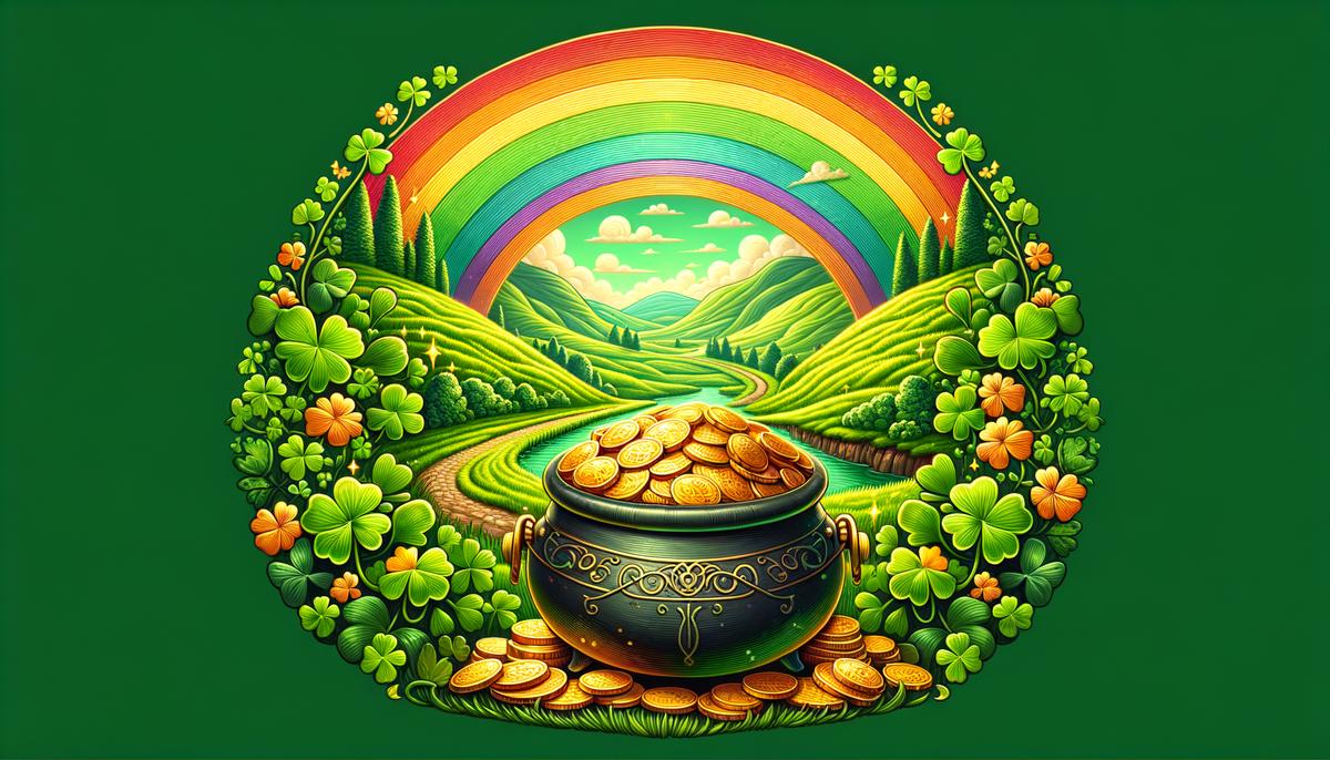 An image of a pot of gold at the end of a rainbow, surrounded by lush green landscapes, representing Irish folklore and the theme of treasure hunts on St. Patrick's Day