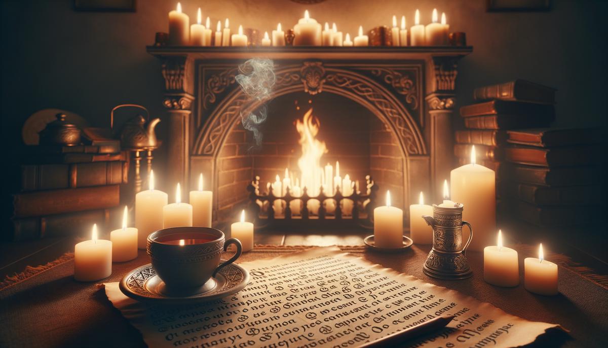 A cozy image of a fireplace surrounded by candles, with a cup of tea nearby, setting the mood for an Irish folktale storytime