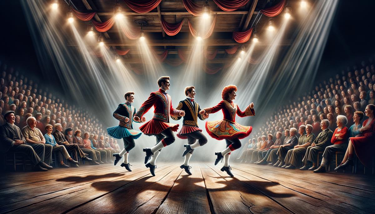 An image of vibrant Irish step dancers performing on stage