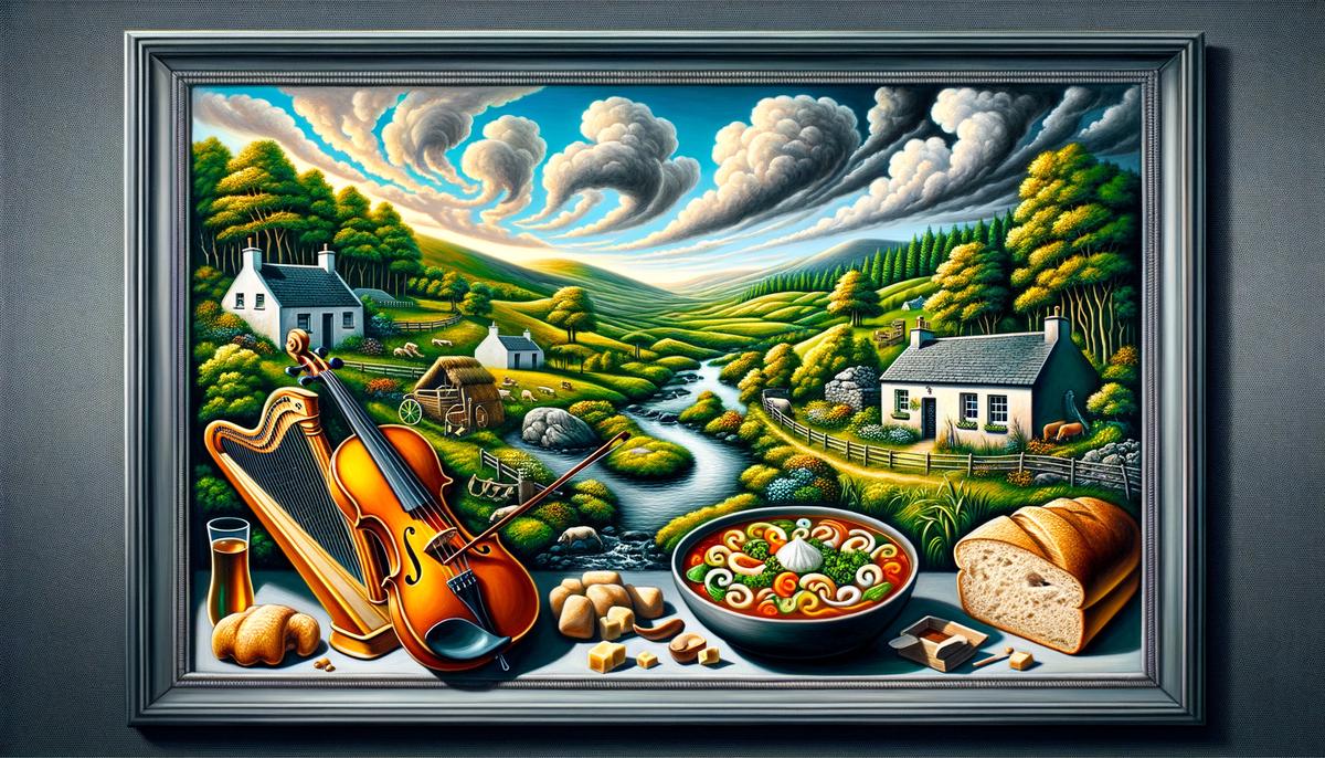 An image of Irish landscapes, traditional music, and cuisine to represent the essence of Irish heritage