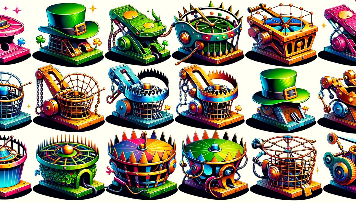 A whimsical image of leprechaun traps, showcasing various colorful and creative designs