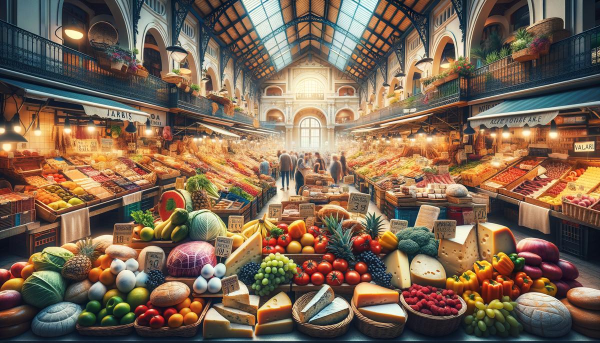 A bustling market filled with a variety of fresh fruits, vegetables, cheeses, meats, and pastries in Alicante, Spain