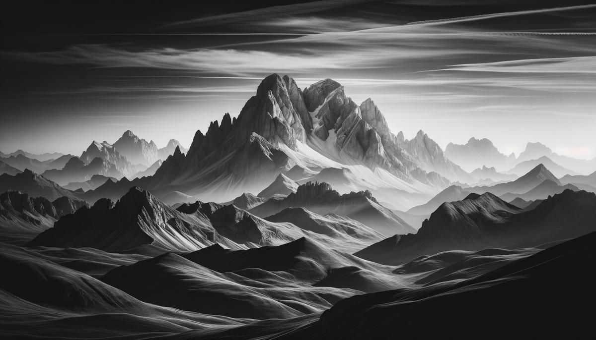 A simple drawing of a majestic mountain with distinct lines representing its base, peaks, varying textures, and the sky above, capturing the essence of nature through minimalist art