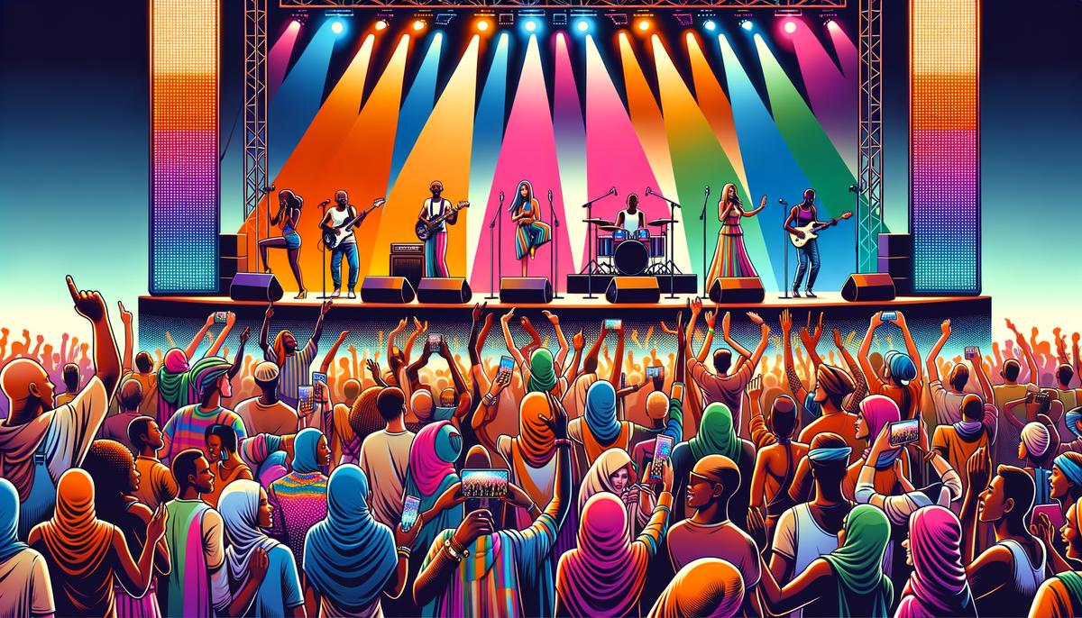 A colorful and vibrant music festival with diverse attendees enjoying live performances