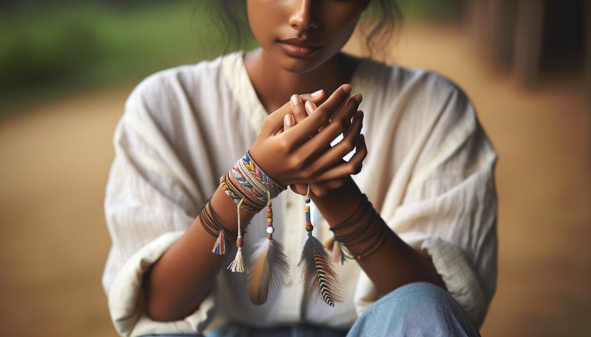 Image of a person holding a friendship bracelet. Avoid using words, letters or labels in the image when possible.