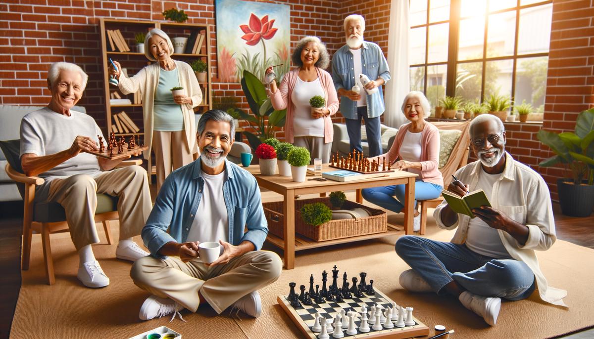 Image of a diverse group of happy seniors engaging in activities in a retirement community