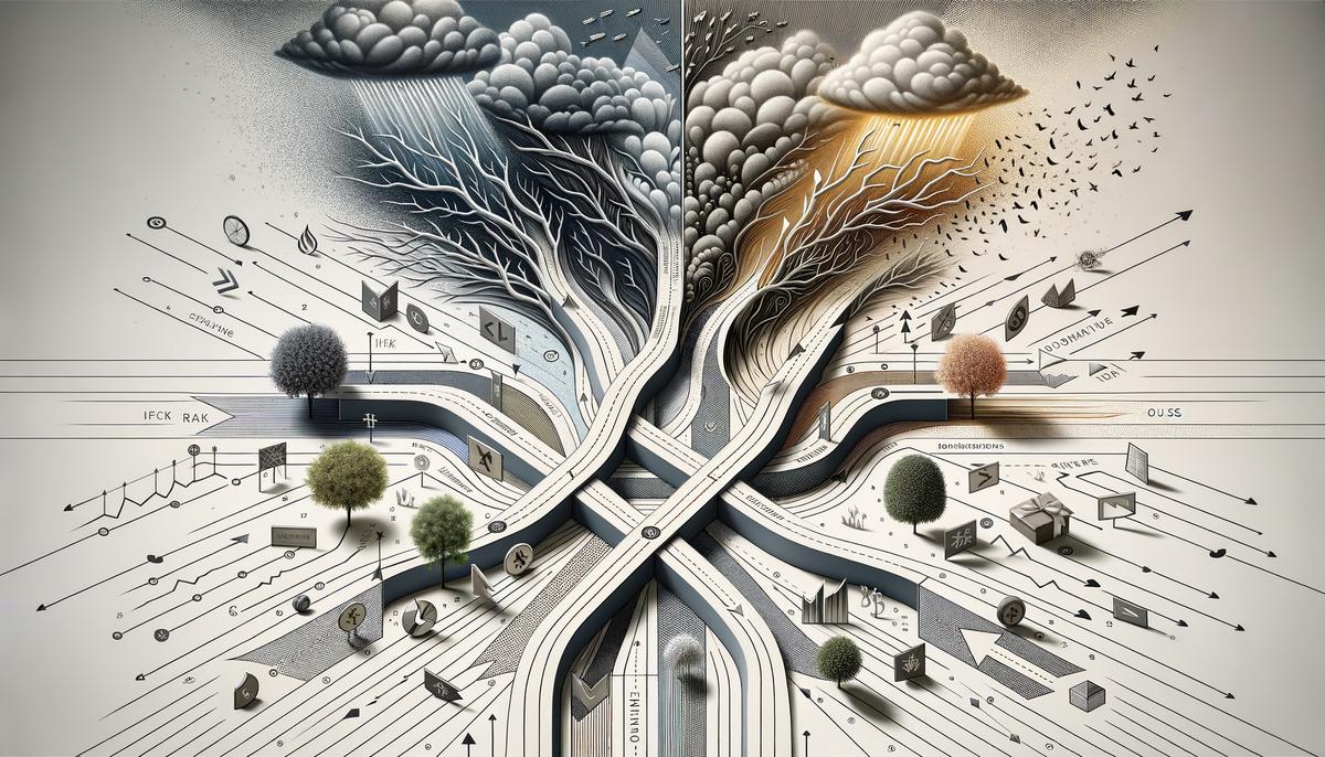 Abstract visual representation of a financial decision with different paths and outcomes