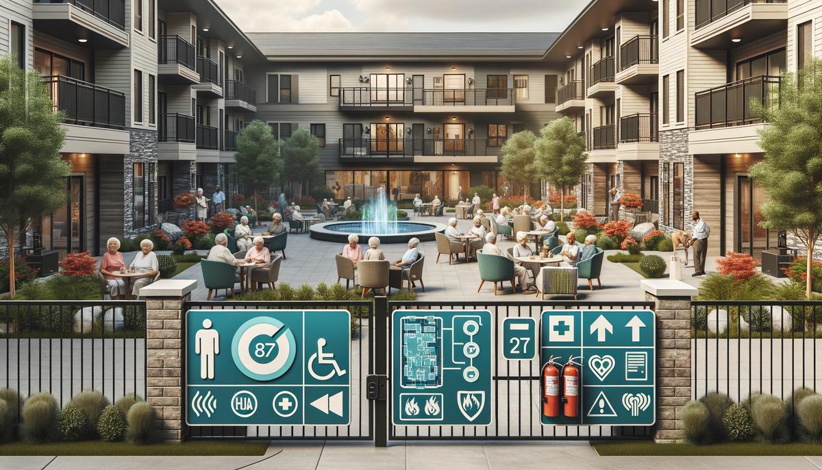 Image of a senior living community with security measures and emergency preparedness protocols in place