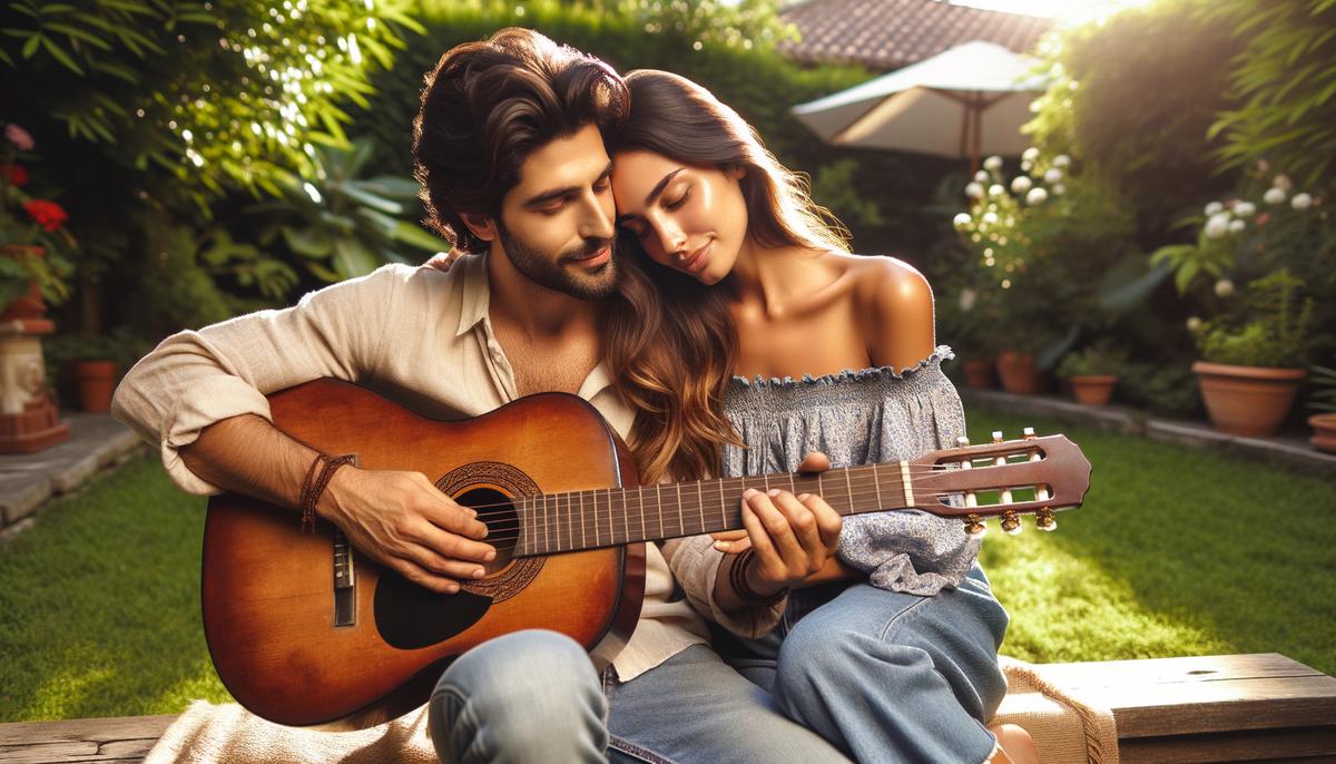 A couple sharing a backyard serenade moment, embracing the imperfect and loving nature of it.. Avoid using words, letters or labels in the image when possible.