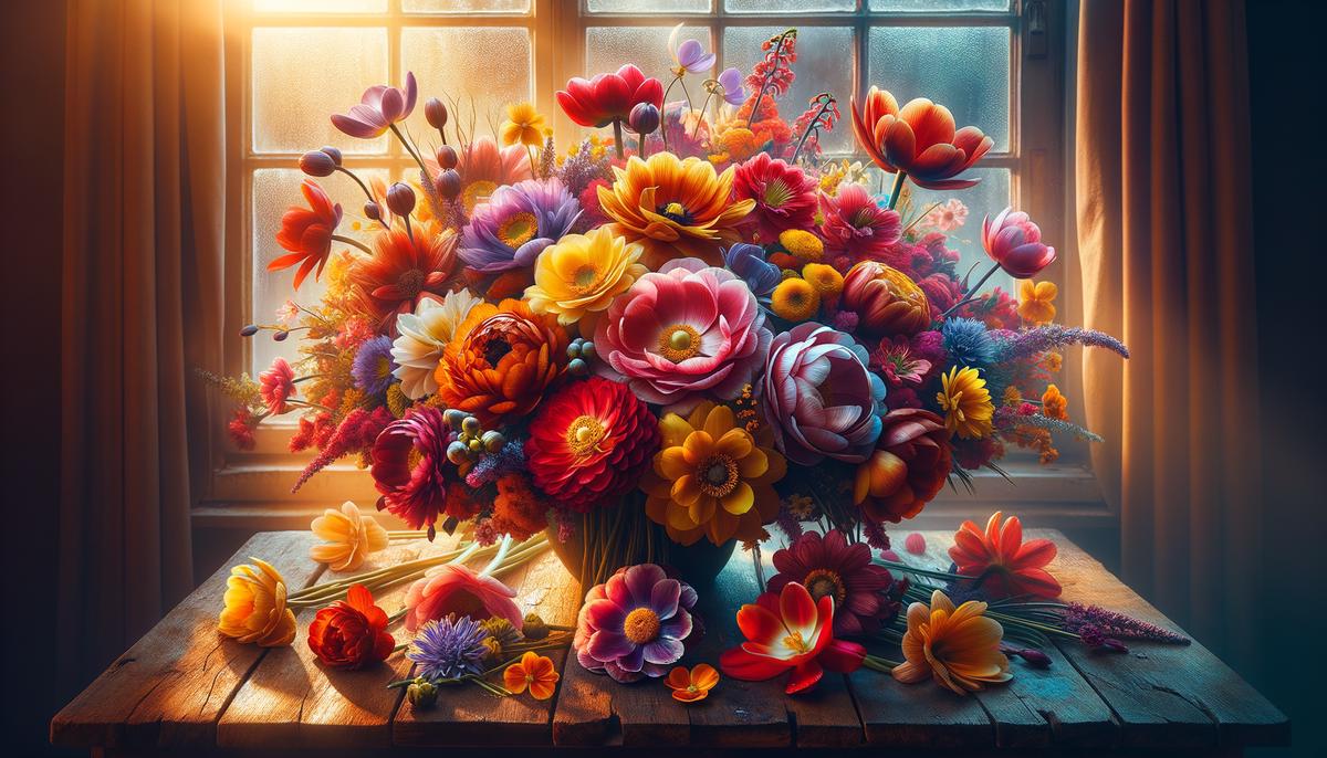 A colorful bouquet of blooming flowers, representing the essence of spring and coming home. Avoid using words, letters or labels in the image when possible.