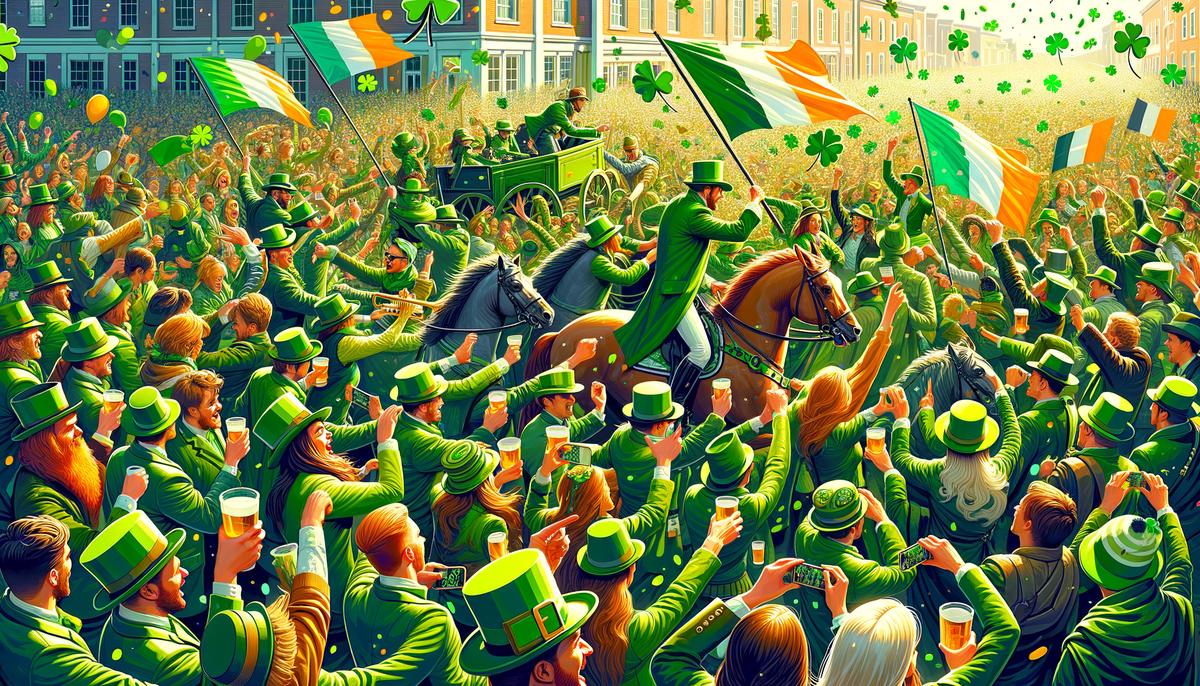 Image of a lively St. Patrick's Day parade with participants dressed in green costumes and waving flags, celebrating together