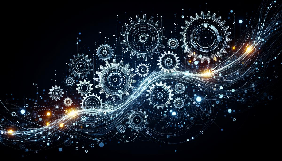 Abstract image showing interconnected gears in motion with data points flowing between them