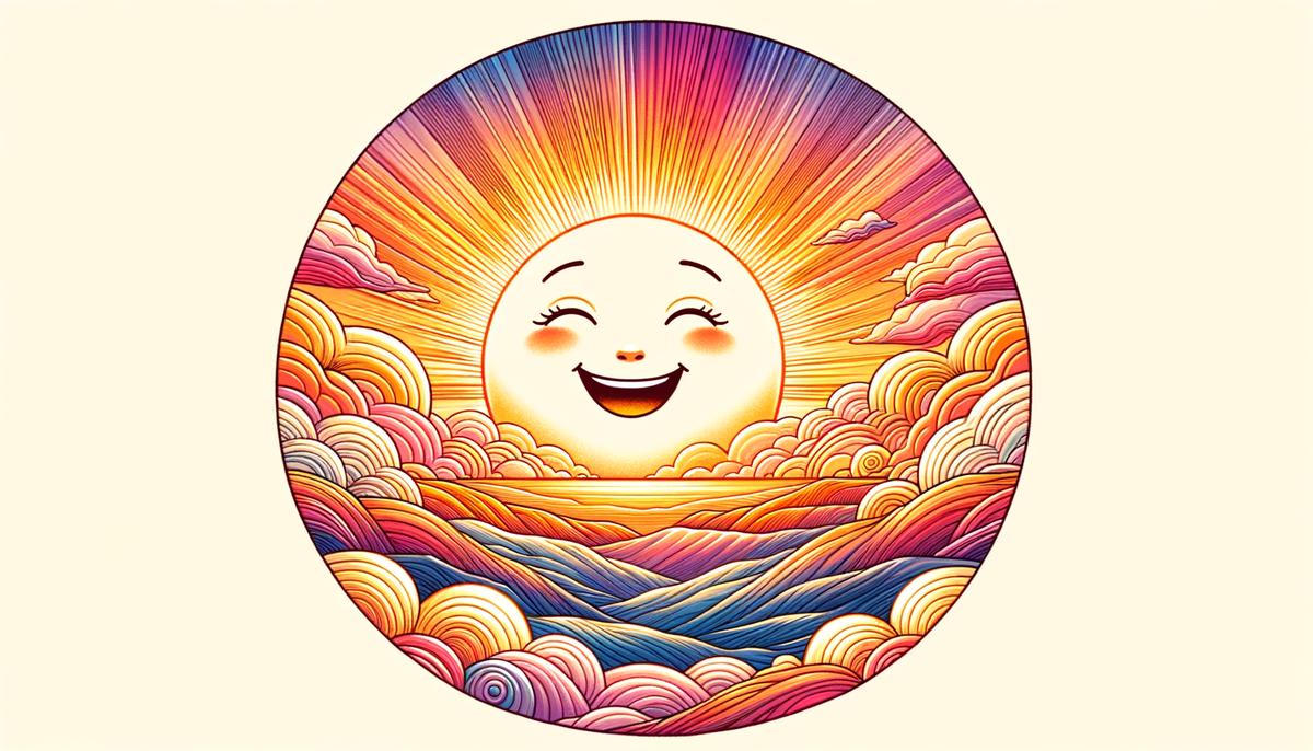 Smiling sun rising behind a mountain, representing the joy and love in the text. Avoid using words, letters or labels in the image when possible.