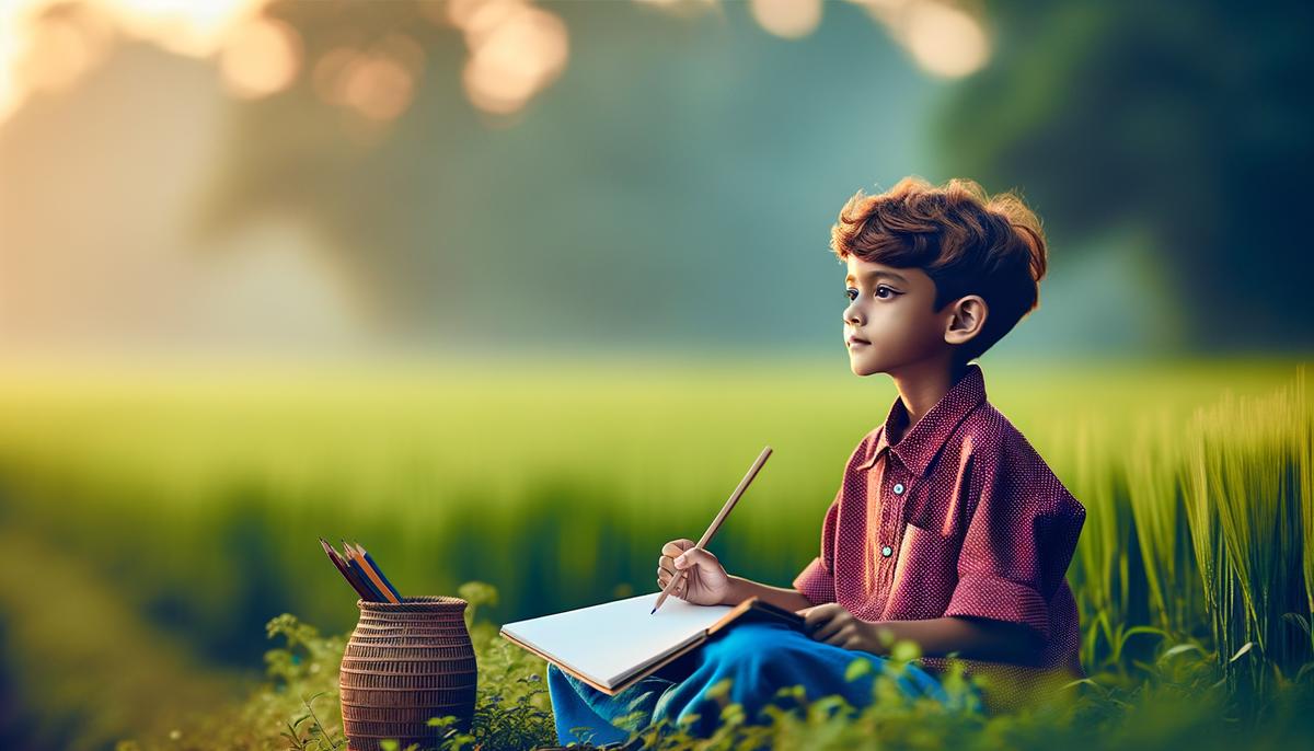 Young Walt Disney sitting in a field with a sketchbook and a pencil, looking contemplative and inspired. Avoid using words, letters or labels in the image when possible.