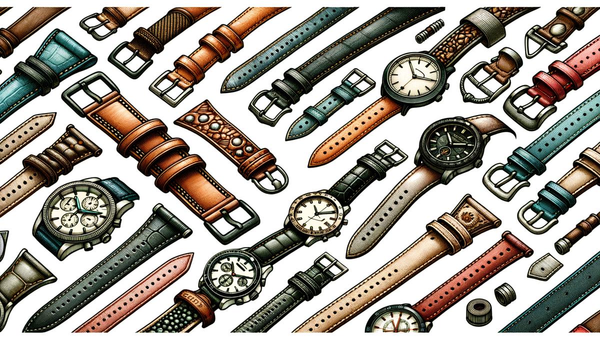 Image of different watch straps in various materials and designs for different tastes and preferences. Avoid using words, letters or labels in the image when possible.