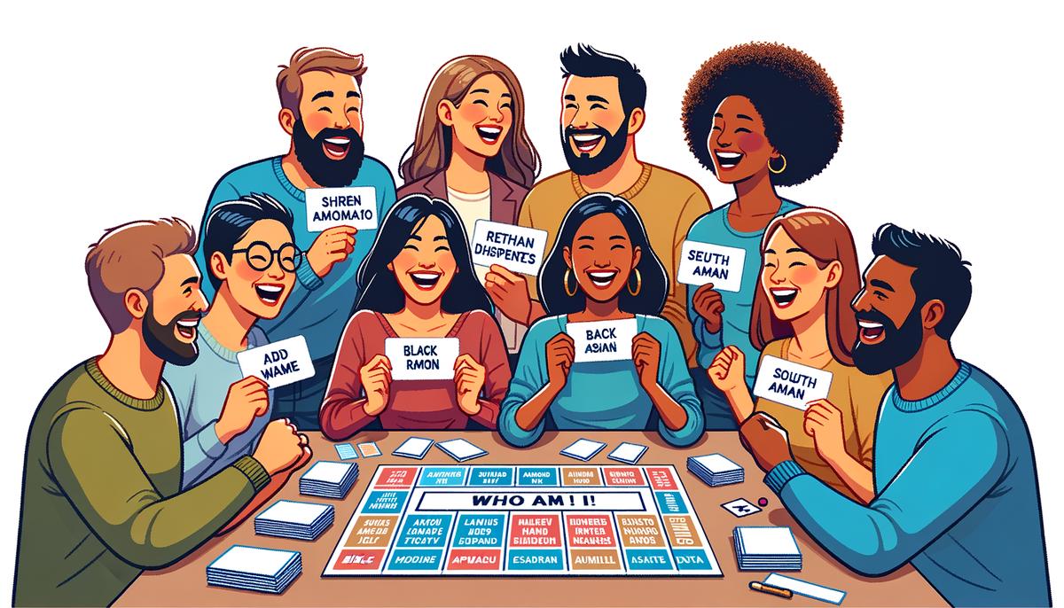 Cover image for the text, showing a group of people playing the 'Who Am I' Bible game with excitement