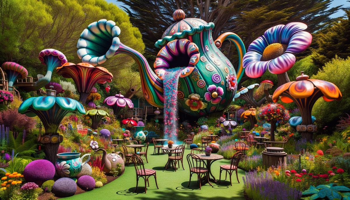 A whimsical and enchanting garden filled with oversized flowers, teapots pouring flowers, and gravity-defying chairs