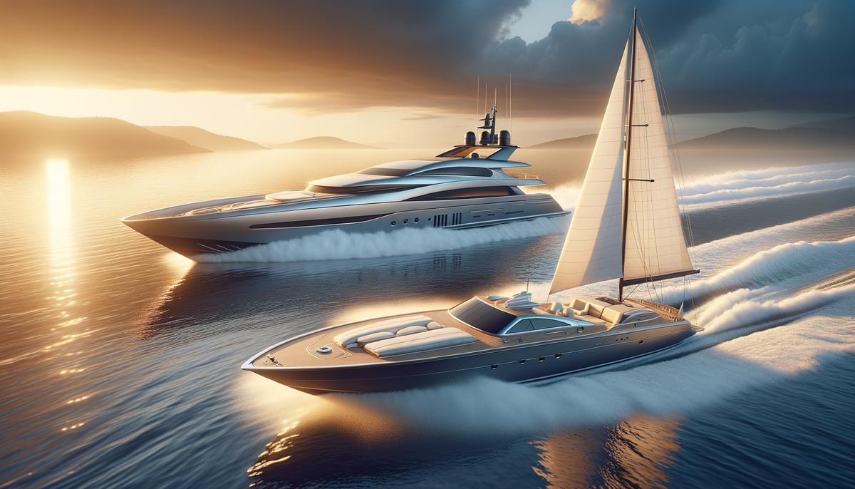 A realistic image of a motor yacht and a sailing yacht on the water, showcasing the contrast between luxury and tradition