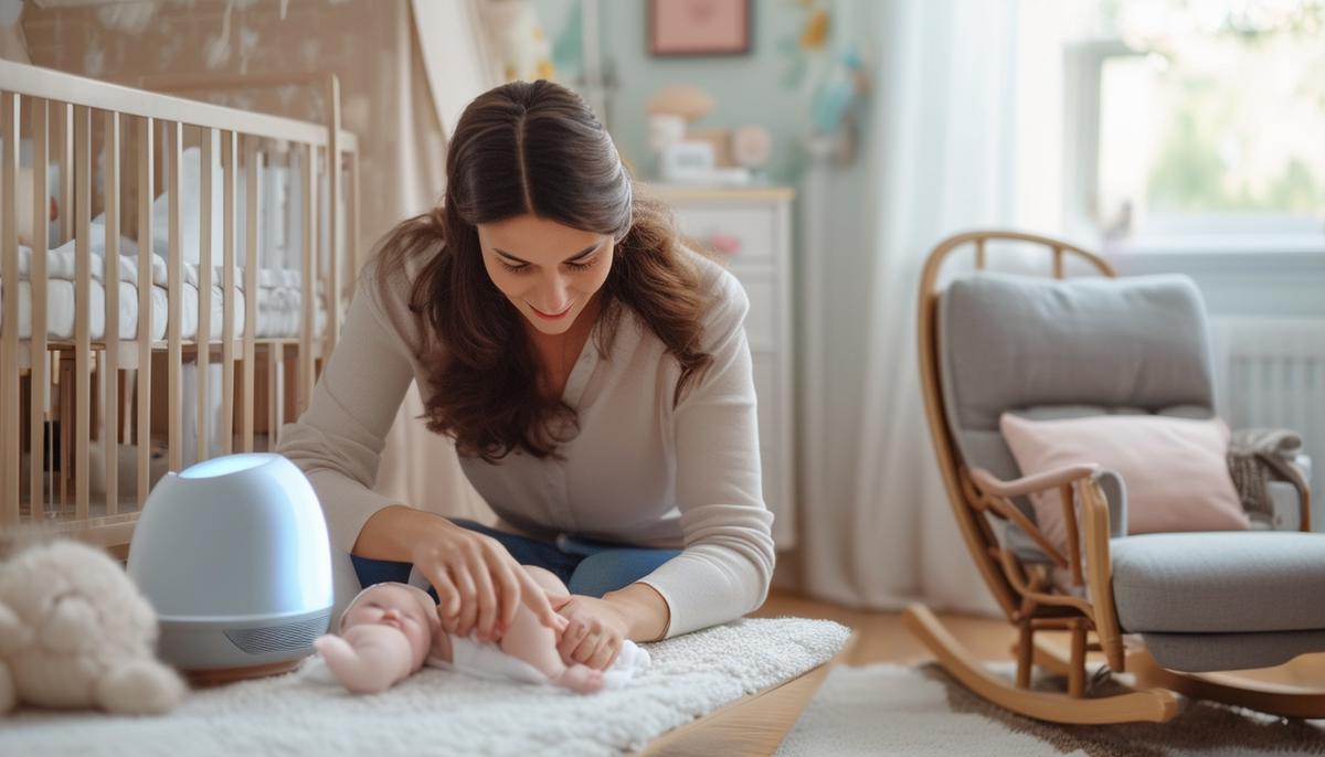 A parent thoughtfully adjusting the details in a nursery, like the noise machine, humidifier, and rocking chair.