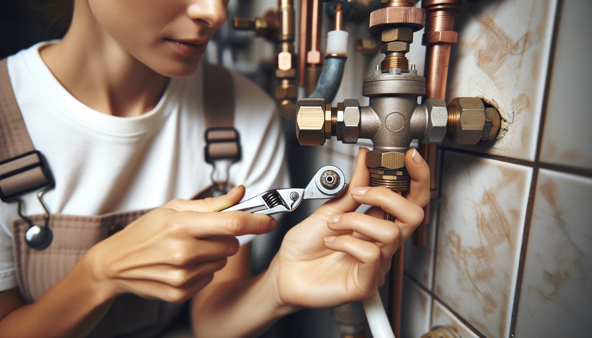 A plumber adjusting the water pressure regulator valve using a specialized tool to optimize residential water pressure.